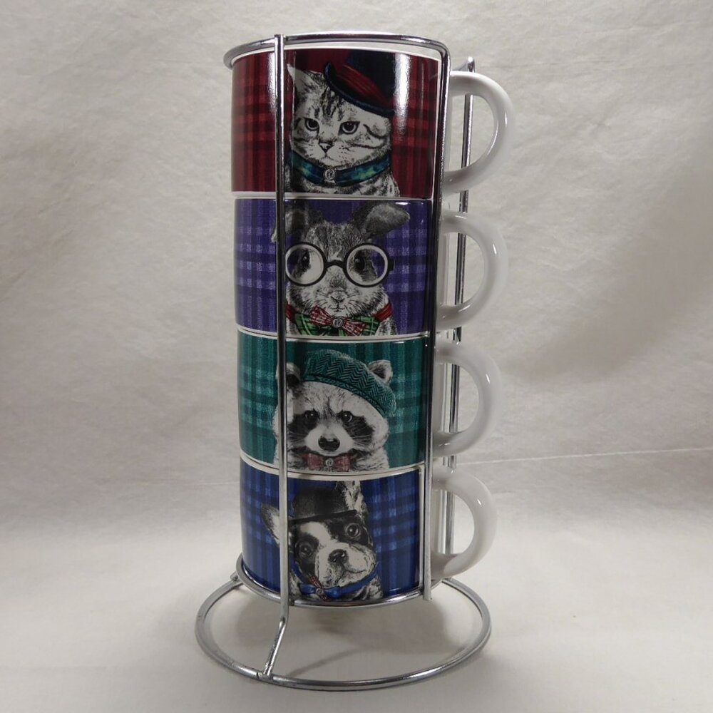 SOLD ~ Pier 1 Dapper Animals Stackable Plaid Coffee 4 Mug Set Anthropomorphic